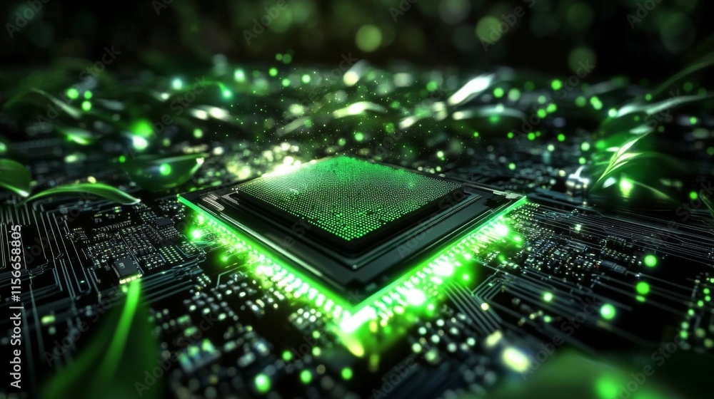 Poster futuristic close-up image: green processor chip on circuit concept of technology