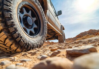 A close-up shot of the rugged tires on an off-road vehicle, showcasing their texture and design in detail against a backdrop of desert terrain. The focus is placed on one tire with other wheels blurre