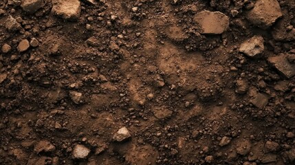 Top-down close-up of freshly dug dark brown soil ground surface.Close up