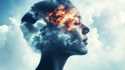 Woman's Face Serene Clouds Fire Inner Peace Surreal Portrait