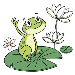 A cheerful frog sitting on a lily pad, waving one hand Illustrator Artwork