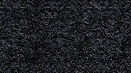 Intricate Black Damask Pattern, Baroque Floral Design, Elegant Gothic Wallpaper