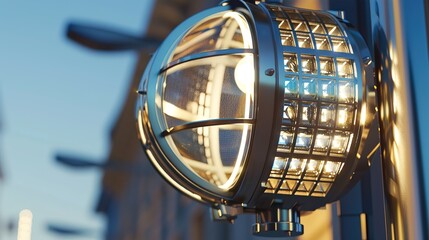 Fototapeta premium A solar-powered street lamp illuminates a modern urban park with trees and buildings in the background, combining sustainable energy with urban infrastructure.