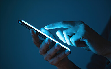Close-Up of Person's Hands Holding Smartphone, Illuminated Screen Casting Soft Glow on Fingers, Dark Background with Blue Hue of Phone's Light, Person Interacting with Phone by Typing or Swiping