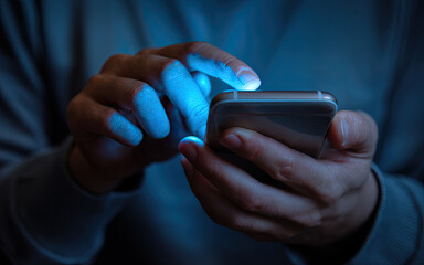 Close-Up of Person's Hands Holding Smartphone, Illuminated Screen Casting Soft Glow on Fingers, Dark Background with Blue Hue of Phone's Light, Person Interacting with Phone by Typing or Swiping