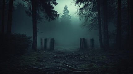 Obraz premium Eerie and mysterious foggy forest scene with tall Spooky misty
