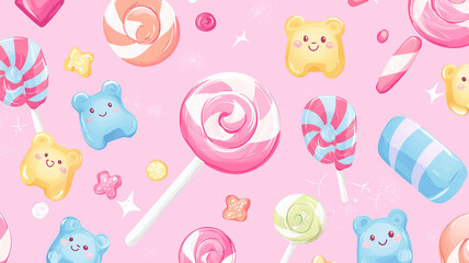 Obraz premium A smooth pink background features cute kawaii lollipops, candy swirls, and gummy bears, all designed with smiling faces and soft, pastel colors, creating a sweet and fun vibe.