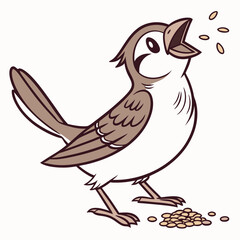 A delighted sparrow holding a tiny seed in its beak