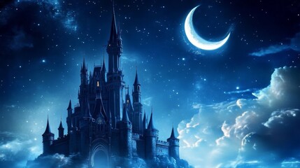 Enchanting digital illustration of a majestic castle under Beautiful moonlit