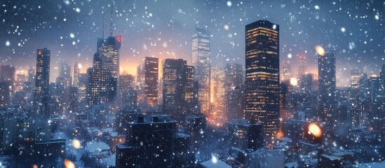 Obraz premium Snowy cityscape at night, with bright lights reflecting in the snow.