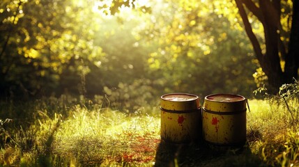 Obraz premium Vibrant Rural Scene with Bright Light and Canisters