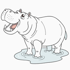 A grinning hippo wading in shallow, clear water