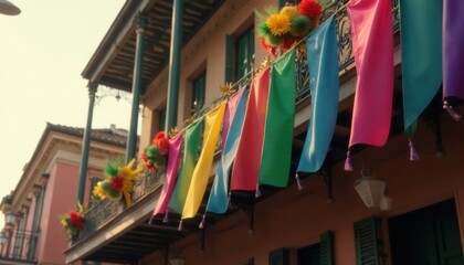 Flag mardi gras. Collection of vibrantly colored Mardi Gras flags hanging from a historic New Orleans building.