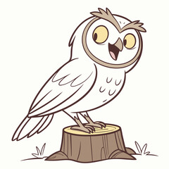 A grinning owl with wide, bright eyes perched on a tiny stump