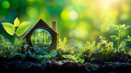 Miniature house in magnifying glass reflecting lush forest, symbolizing eco-friendly living and sustainable future.