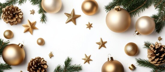 Festive Christmas decorations in gold color on white and gifts