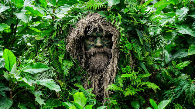 A sniper in a ghillie suit moves stealthily through dense foliage, poised to take a precision shot at an enemy soldier, capturing the essence of tactical stealth and focus.