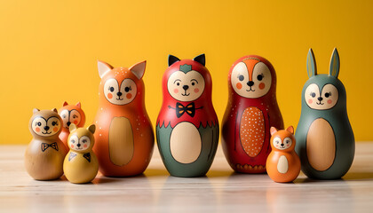 Fototapeta premium Toys from Khokhloma: A set of wooden toys matreshka animals painted in traditional style on a bright background.