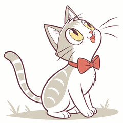 A playful cat with wide eyes, wearing a tiny bowtie