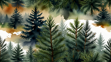 There is a painting of a forest with trees and grass,
Beautiful christmas tree in winter landscape card background
