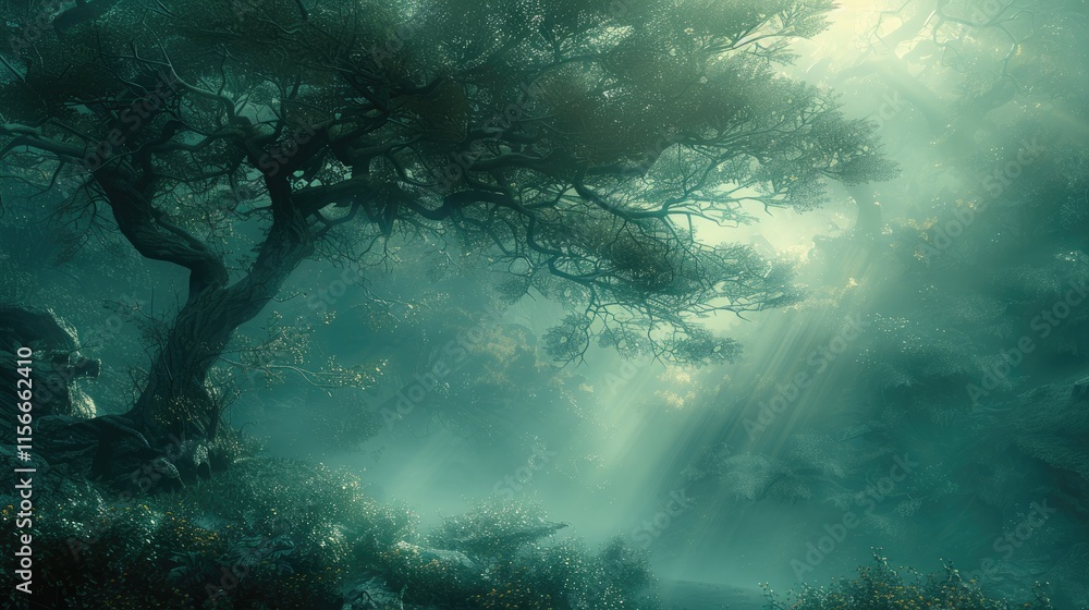 Poster a misty forest scene with ethereal light filtering through trees, creating a serene atmosphere.