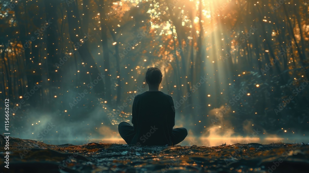 Poster a serene figure meditating in a forest, illuminated by soft sunlight and floating particles.