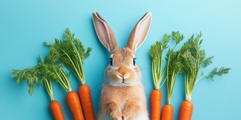 Easter bunny with carrots set against a vibrant blue background, showcasing the playful and festive spirit of Easter. The colorful carrots complement the charming Easter bunny theme beautifully.
