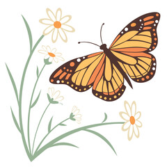 A vibrant butterfly perched on a small white flower, wings spread