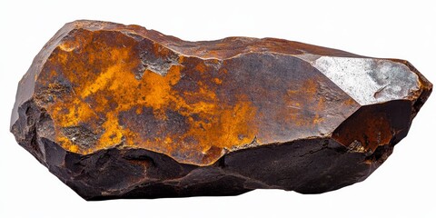 A specimen of iron meteorite, specifically from Campo del Cielo, is displayed cut out against a white background, showcasing the unique characteristics of this iron meteorite specimen.