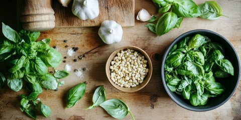 Chefs Workspace Organizing garlic, basil, and pine nuts for meal preparation and key ingredients essential for cooking.