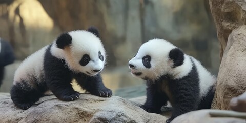 Obraz premium Playful baby giant pandas showcase their adorable antics while engaging in fun activities at a zoo, capturing the hearts of all who visit to see these lovable baby giant pandas.