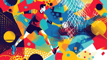 A colorful illustration of a soccer player in action, surrounded by vibrant abstract shapes.