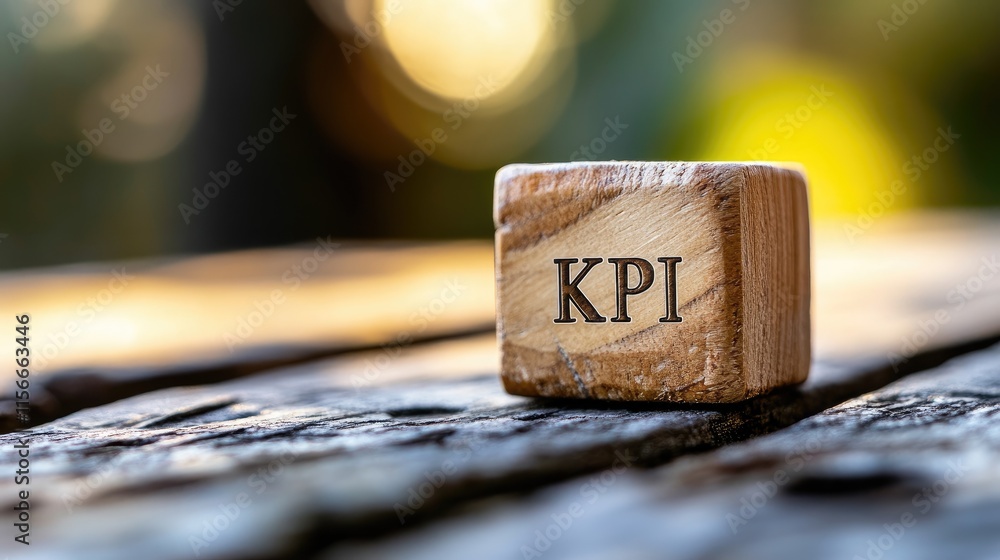 Poster kpi wooden cube on rustic table symbolizing key performance indicators in business strategy and anal