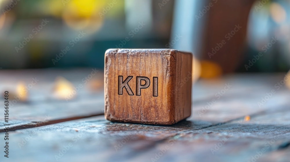 Poster kpi wooden cube on rustic table symbolizing key performance indicators for business assessment and m