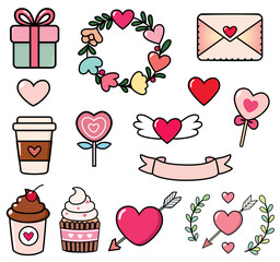 Cute Valentine Elements for sweet time with gift box,heart wreath,letter,coffee cup,hearts,cupcake,love ribbon,candy,and arrow hearts. Vector illustration.