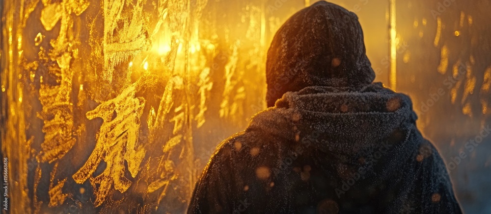 Poster mysterious man gazes at intricate frost patterns on a window illuminated by warm sunlight creating a
