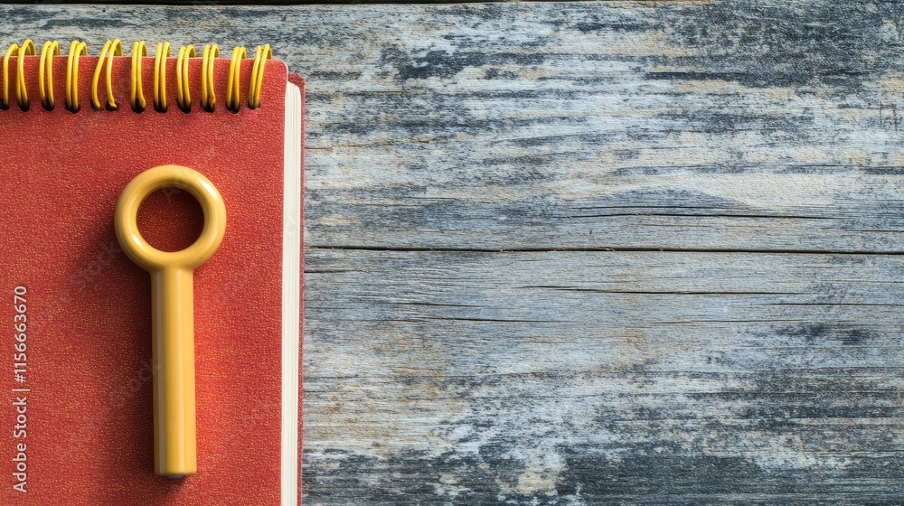 Poster notebook with key performance indicator text and yellow key symbol on rustic wooden background for b