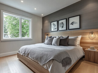 Obraz premium Cozy modern bedroom with natural light and stylish decor in a serene setting.