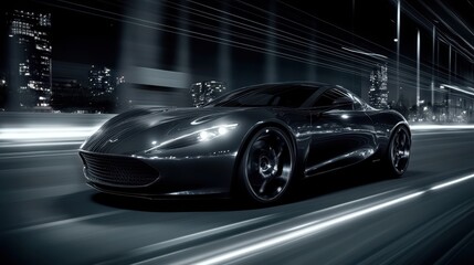 Fototapeta premium Night Drive: Sleek Sports Car Speeds Through Cityscape Under Brilliant Lights