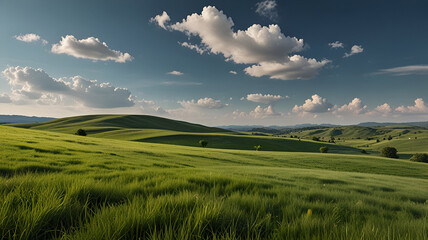Lush green valley with vibrant fields under a sunny sky,
Sunkissed landscapes with rolling hills

