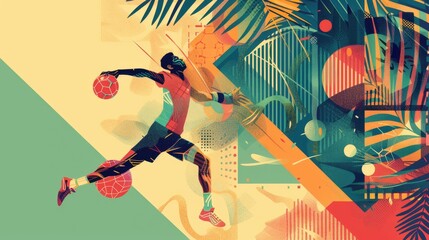 A vibrant illustration of a handball player in action, showcasing energy and movement.