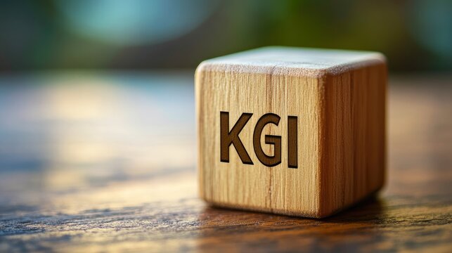 Wooden cube displaying KGI abbreviation representing Key Goal Indicator in an engaging and eye-catching context on a blurred background.