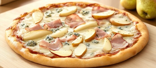 Delicious thin crust pizza topped with sweet pear, savory blue cheese, and ham slices for a gourmet flavor experience.