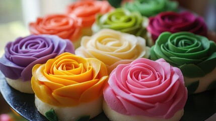 Colorful rose-shaped cakes made from rice flour and coconut milk displayed in various flavors and vibrant hues on a decorative platter.