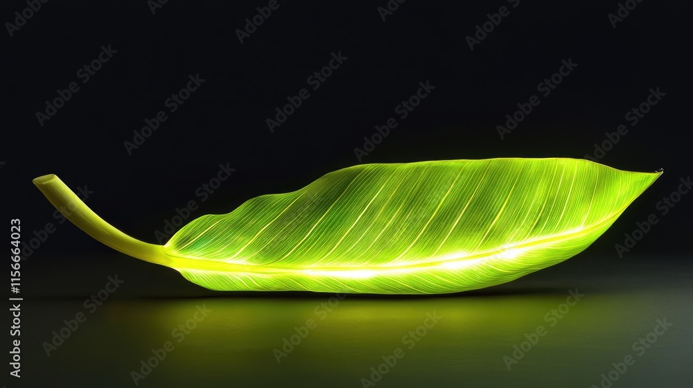 Aufkleber translucent green banana leaf illuminated from behind against a dark background showcasing intricate
