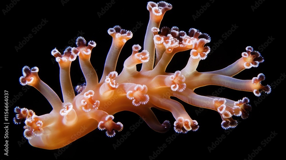 Poster Macro shot of branching torch coral Euphyllia glabrescens showcasing vivid colors and unique structure against a dark background