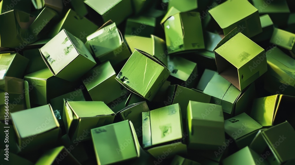 Poster close-up of a dense pile of shiny green boxes arranged in a chaotic yet visually appealing manner fe