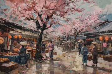 Fototapeta premium A village market bustling with activity under a canopy of cherry blossoms