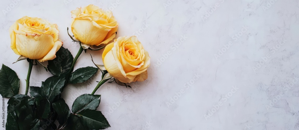 Poster three elegant yellow roses on a marble background with ample space for personalized text or messages