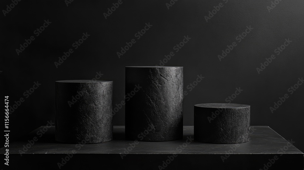 Poster minimalist black podiums arranged on a dark surface for product display or artistic presentations in